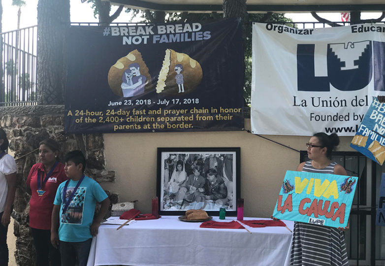 Workers at the activist organization LUPE, founded by Cesar Chavez, participate in a hunger strike ceremony. Courtesy: Tongo Eisen-Martin