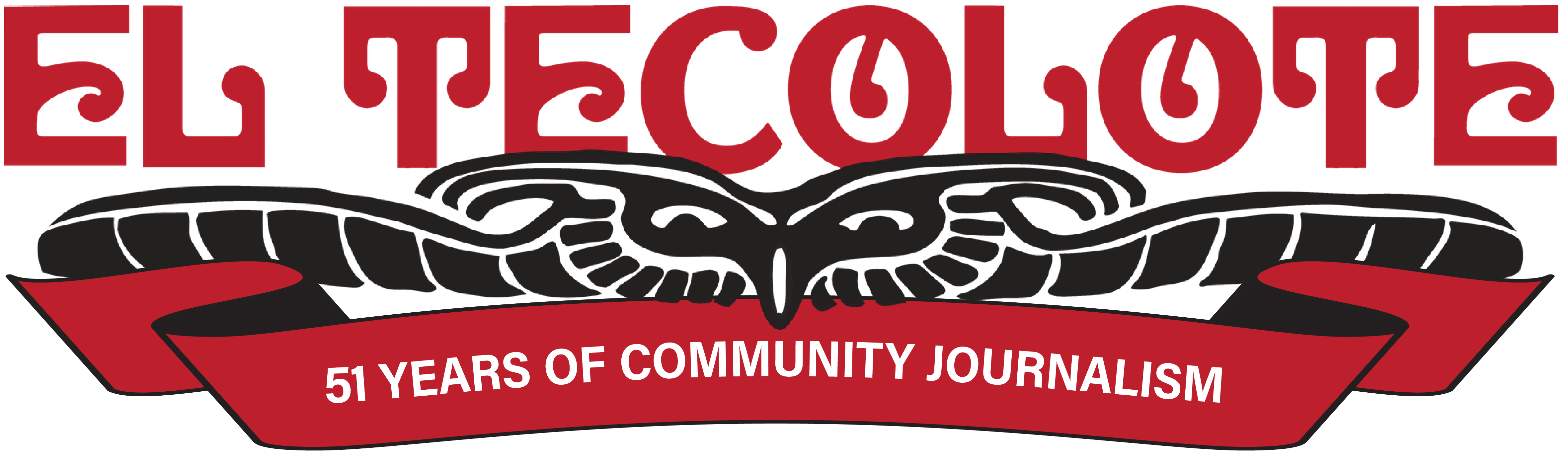 El Tecolote graphic, red and black with 51 years of community journalism quote